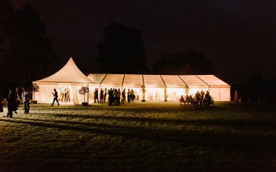 Clearspan marquee with 6m canopy at night