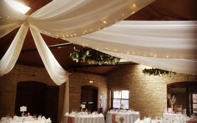 ceiling draping with fairy lights