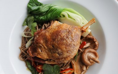 Confit duck leg with soba noodles and pac choi