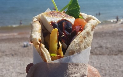 Our vegetarian souvlaki by the seaside!