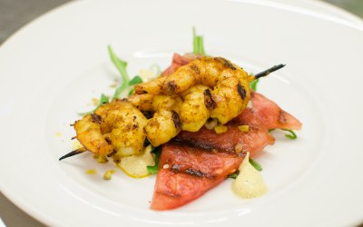 Curried shrimp, grilled watermelon