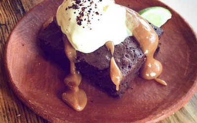 Dessert: homemade chocolate brownie, lime caramel, chipotle chilli