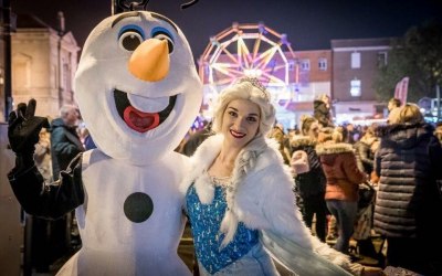 The Snow Queen and her Snowman Friend at Bury St Edmunds Christmas Light Switch On 2018