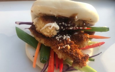 Crispy fish bao with black vinegar mayo, kecap manis and spring onion