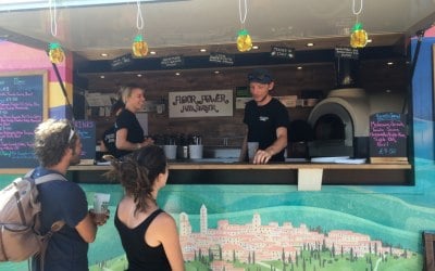 Owners and pizza chefs Rebecca and Simon at Tropical Pressure festival, July 2018
