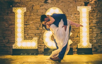 Light Up Letters at Stone Barn, Cotswolds: https://www.aislehireit.co.uk/letter-lights-illuminated-initials Photo Credit: Rob Tarren Photography