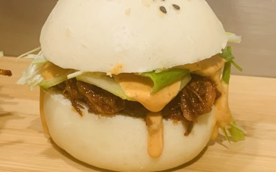 Chinese BBQ pulled Pork in steamed burger bun
