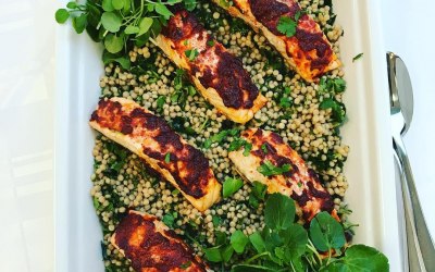 Roast Harissa Salmon on a bed of Cous Cous