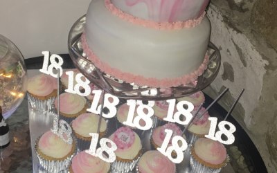 A 2 tier 18th birthday cake completed with home made macaroons & matching 2 tone vanilla and chocolate cupcakes.
