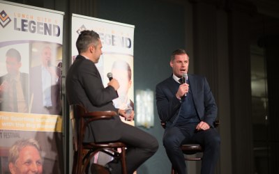 Jamie Carragher with host Pete Graves from Sky Sports