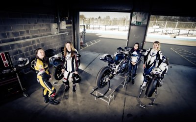 Women motorcycle racers. A portrait shoot for a feature in MCN Sport magazine