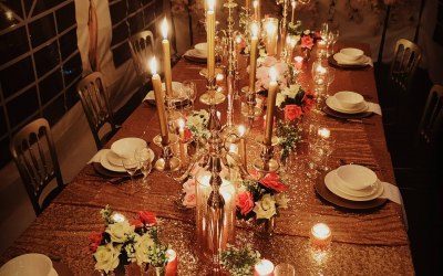 Gold Candelabra with gold candles on Gold sequin tablecloth