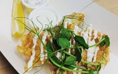 Cod cheeks with oyster mayo, pea shoots and tartare sauce