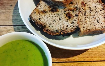 Protein Rich pea mint and chilli soup with handmade artisan buckwheat bread. 