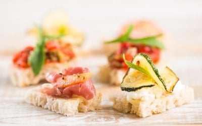 Canapes of marinated courgette and bruschetta