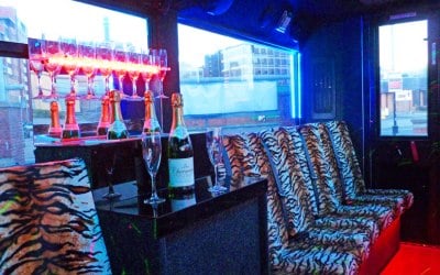 the bar in the tiger print party bus