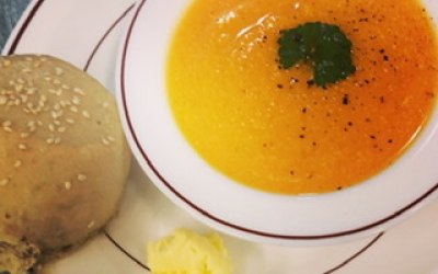 Sweet potato and butternut squash soup and freshly baked roll