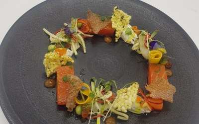 Curry and gin cures trout, tapioca crisp, mango salad 