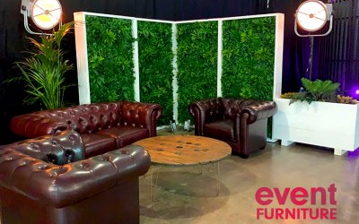 Chesterfield Sofas, Rustic Coffee Table and Planter Walls. Corporate Relaxation and Meeting Space