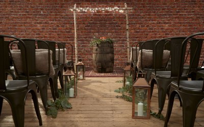 Wedding Aisle Setup with Tolix style chairs and Rustic Barrel