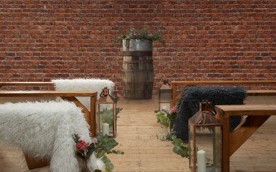 Scandi Wedding setup with Rustic Benches and Rustic Barrel