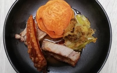 Pork belly, braised leeks, and sweet potato chips