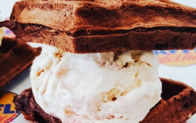 Chocolate waffle Sandwich with birthday cake ice cream