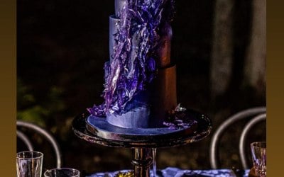 Woodland themed purple wedding cake 