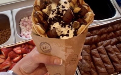 Our chocolate Heaven Bubble Waffle which includes Nutella, Oreos, choc sprinkles, cream, kinder pieces and a wafer.