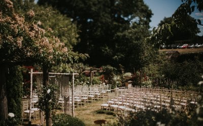 Chiavari chairs set up for an outdoor ceremony - Berkshire