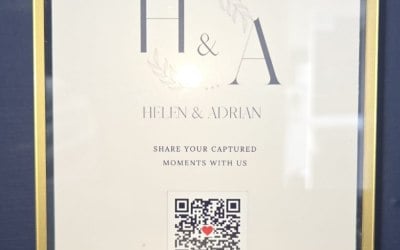 A6 Postcard sized Tap/Scan card within gold framed clear table card holder.