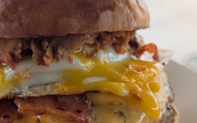 BreakfastStack - Apple & Date ketchup, Breakfast Pattie, Cheddar Cheese, Crispy Bacon, Fried Egg, Hashbrown Crumb & Tomato Chutney