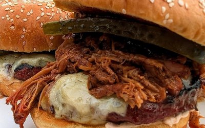 SmokeStack - Cajun Mayo, 6oz pattie, Smoked applewood Cheddar, Hickory BBQ Pulled Pork, Pickles and Sourcream