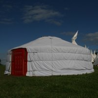 Painted Mongolian yurts for hire - these can sleep up to 8 comfortably - connect them together to create interesting venues and spaces for your event - each once can seat 35 comfortably adound 4' round tressle tables