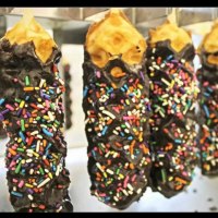 Fresh waffle on stick coated in Chocolate and 100/1000 Finished Chocolate waffle with 100/100