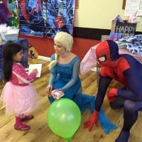 Elsa and Spider Man greeting the birthday girl Elsa and Spider Man greeting the birthday girl