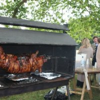 Spit roasting a pig at Henley Regatta Charcoal Spit Roast