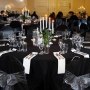 Corporate Event Black Stretch Chair Covers + Silver Organza Sash