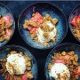 Coconut sorbet, caramelised white choc, rhubarb Coconut sorbet, caramelised white choc, rhubarb