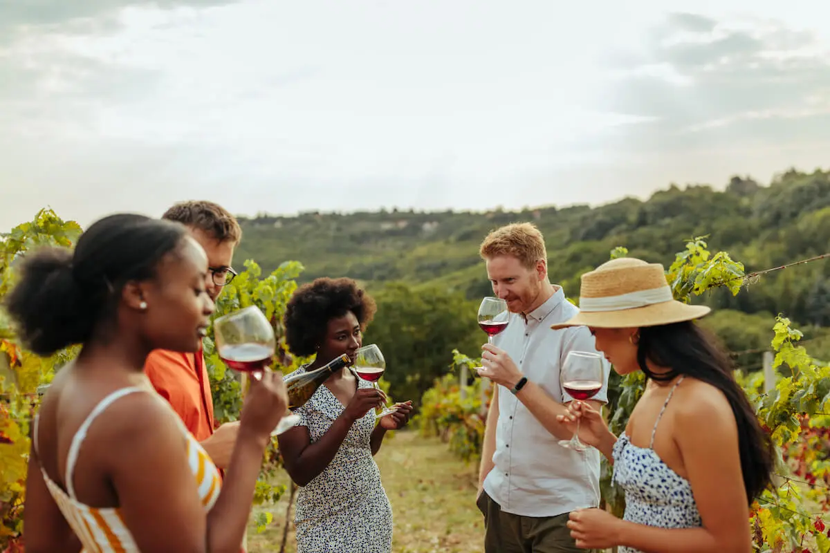 Diverse group members enjoying a wine tasting retreat at a vineyard