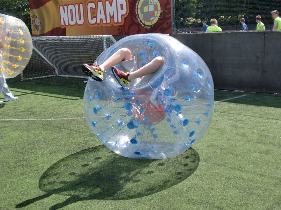 Bubble football player upside down and unable to move
