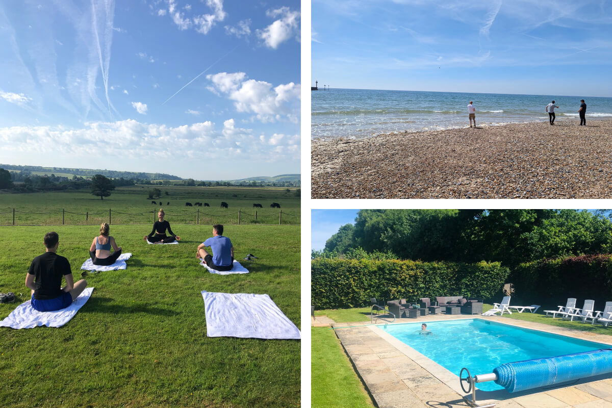 3 images as one, showing the team enjoying yoga, swimming and the seaside