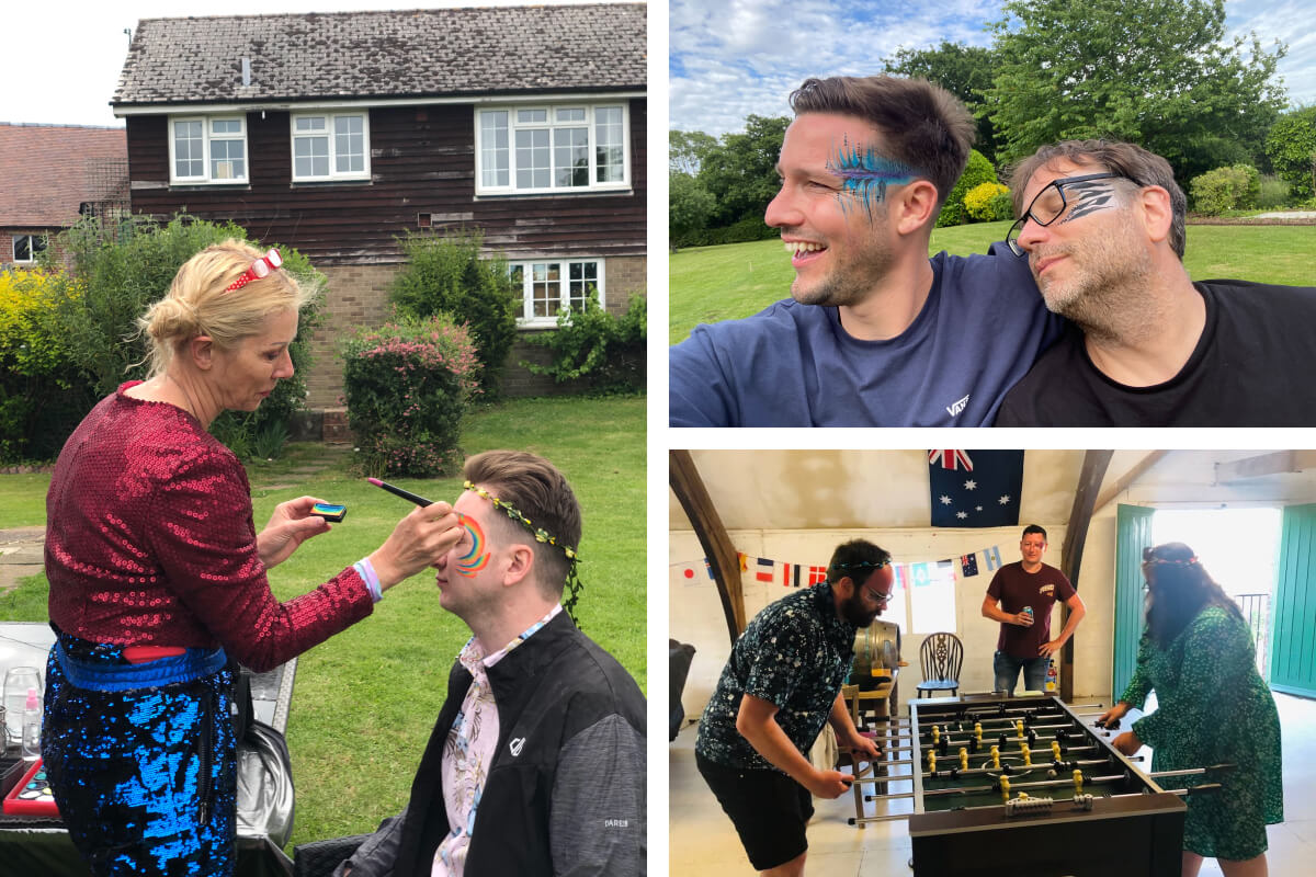 3 images as one, showing festival face painting and the team playing table football