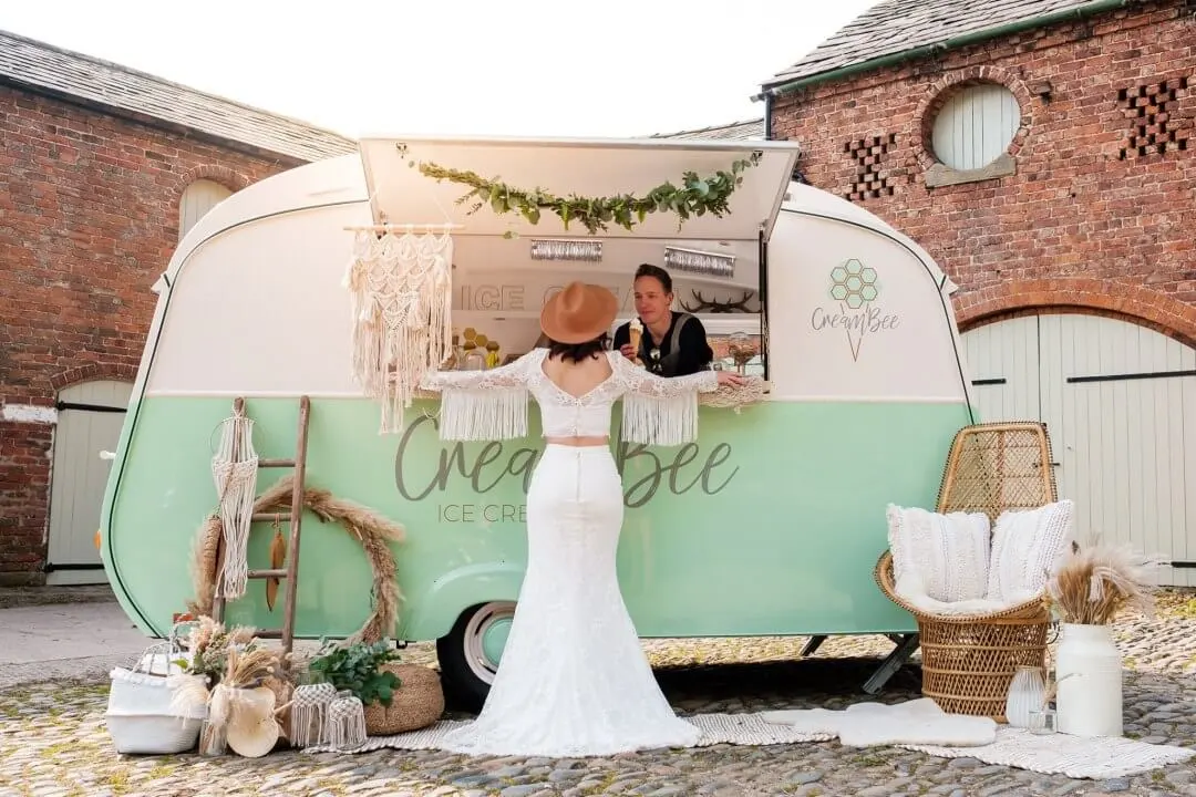 Bride in front of Cream Bee Ice Cream van