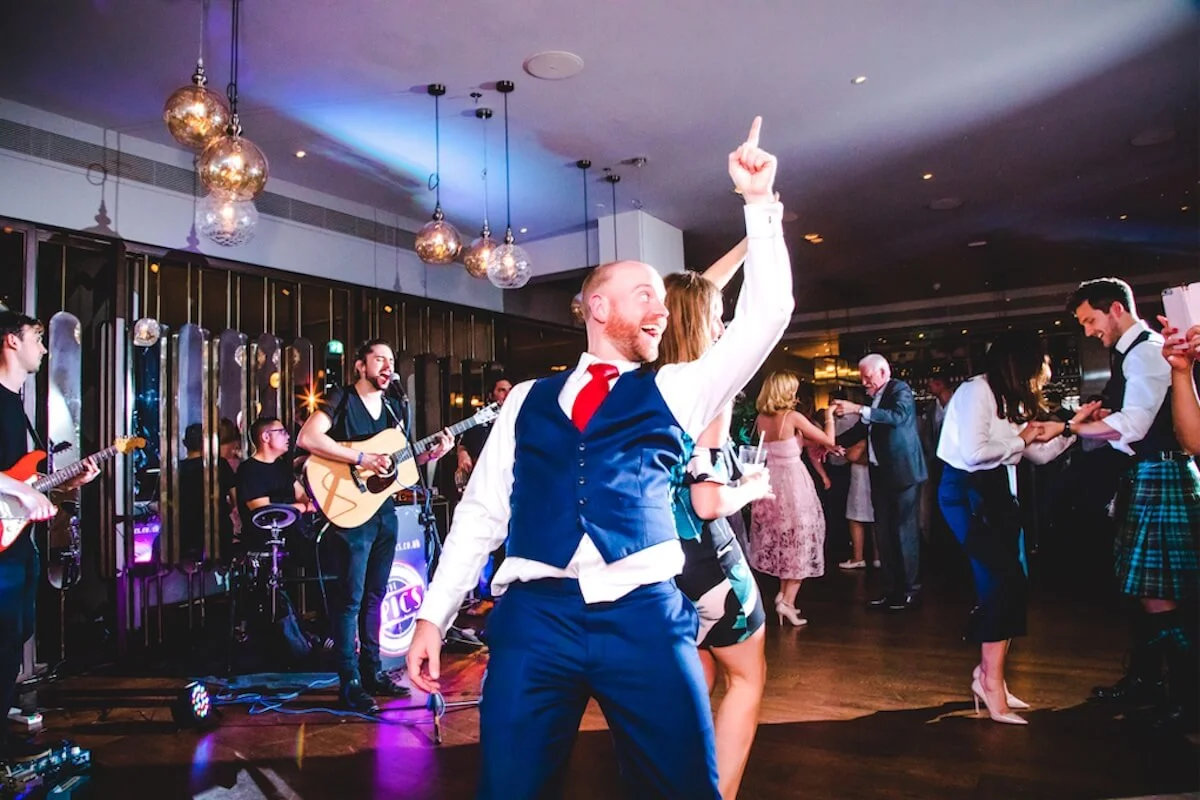 Wedding guests on the dance floor dancing to songs from The Epics Functions Band