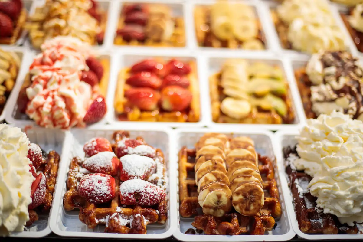 Huge variety of Belgian-style waffles at a wedding buffet