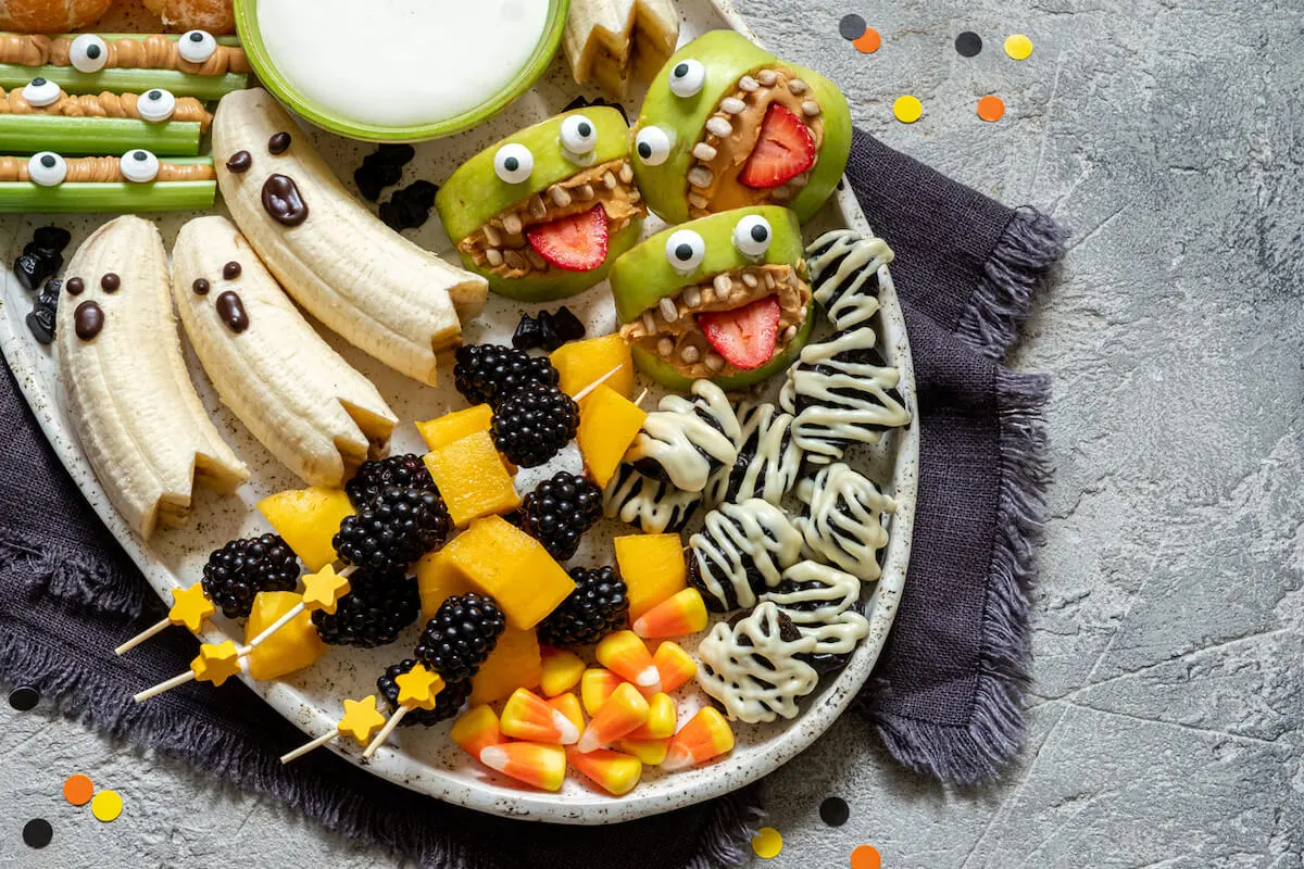 Plate of healthy halloween food snacks for children
