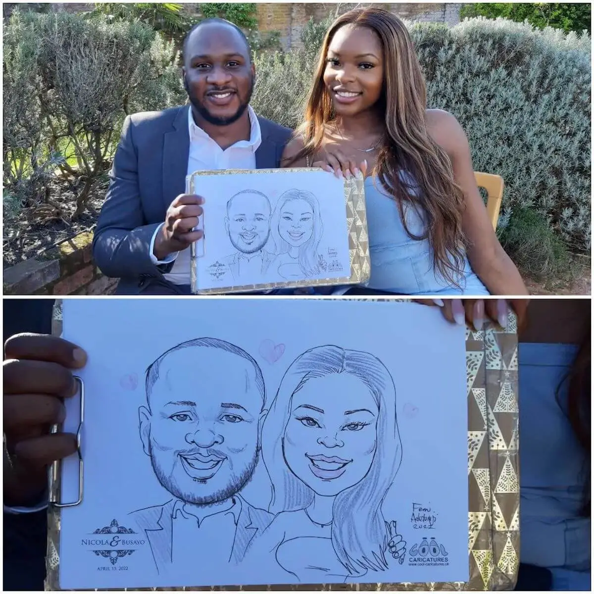 Image of couple at wedding holding their caricature sketch of themselves